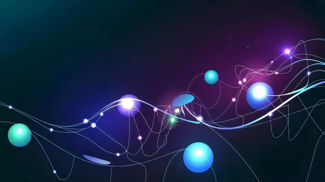 Abstract decentralized network with pulsing light trails &ndash; Suitable for cryptocurrency, tech startups, or virtual reality backgrounds.