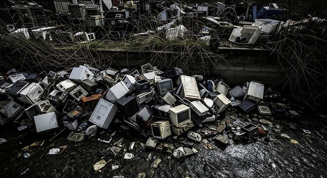 A pile of discarded electronics causing environmental pollution