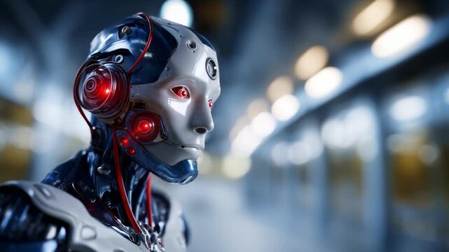 Futuristic robot with intricate design and glowing features, showcasing advanced technology, artificial intelligence, and intricate mechanical elements in a modern setting.