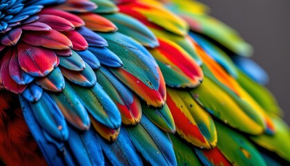 Fototapeta premium The image showcases a close up of a vibrant, multicolored arrangement of feathers, likely from a tropical bird or a decorative piece mimicking such