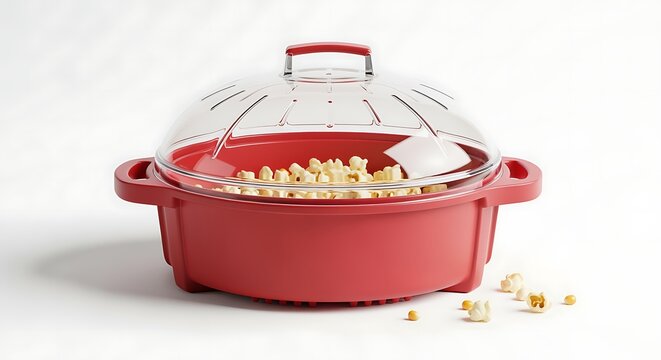Red kitchen microwave popcorn maker with clear lid and handles full of popped popcorn on white surface