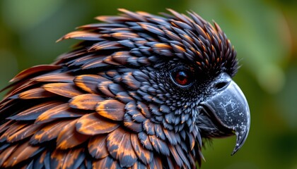 Fototapeta premium The image features a close up of a bird with striking, densely packed feathers that are predominantly black with vibrant orange tips, creating a fiery appearance