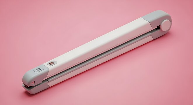 White and gray plastic laminator on pink surface for office use and document protection