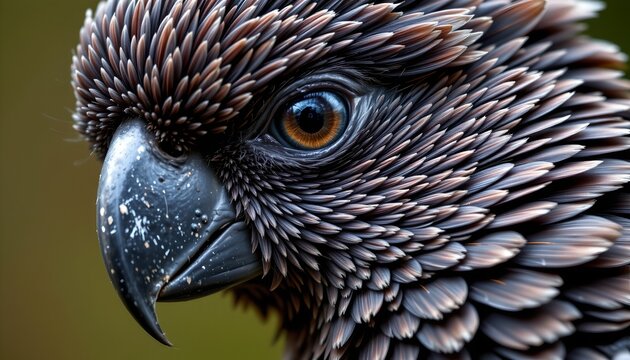 A close up image of a bird of prey showcases its intense, amber colored eye and fiercely hooked beak