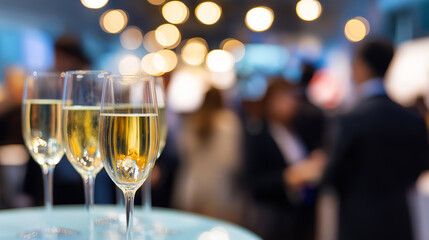 Obraz premium Glasses of champagne on table with blurred party background representing celebration and luxury lifestyle.