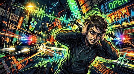 Obraz premium Illustration of a distressed person covering ears in a noisy city. Sensory overload and overstimulation concept. Chaotic urban environment with neon lights and sound waves