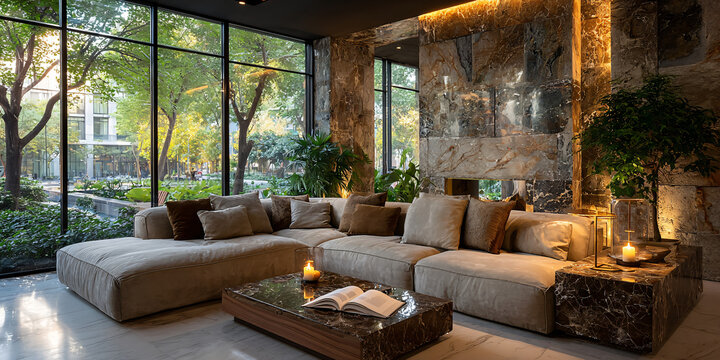 Elegant interior architectural space featuring premium dark marble finish and stone columns