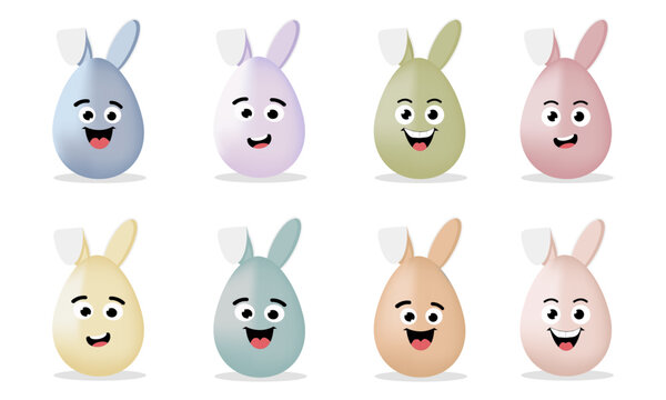 Cute Easter Egg Characters with Bunny Ears Cartoon Vector Set Funny Easter Bunny Egg Faces , vector illustration.