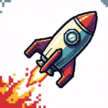 A colorful pixel art rocket ship blasting off into space with flames.