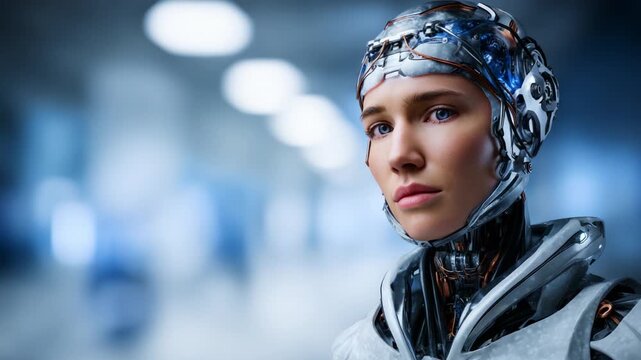 A futuristic humanoid robot showcasing advanced technology with realistic features and intricate designs, set against a blurred, modern background emphasizing innovation.