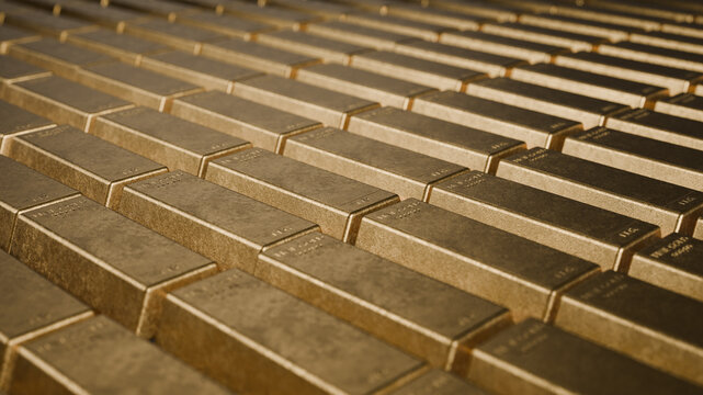 Rows of shiny fine gold bars stacked in a vault, each engraved with weight and purity markings