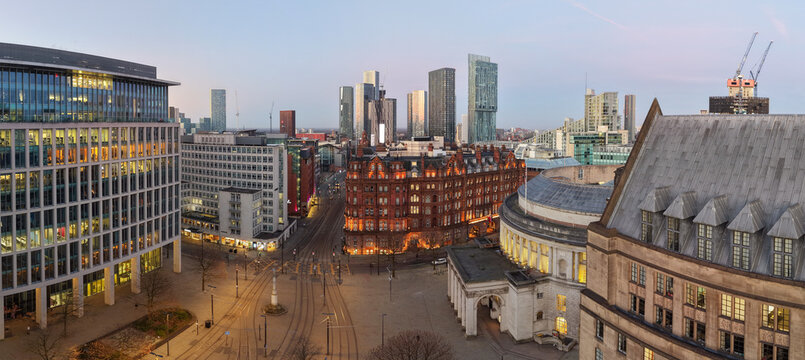 Panorama of St Peter's Square and Central Library in Manchester at Dawn. 