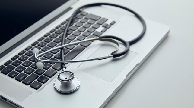a stethoscope placed on top of a laptop keyboard and trackpad