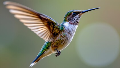 Naklejka premium The image features a hummingbird in flight, with its wings spread wide showcasing intricate feather details