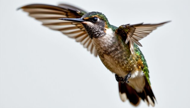 The image features a hummingbird captured mid flight against a plain, light background. Its wings are spread wide, revealing intricate feather details, and its small body is angled slightly upward