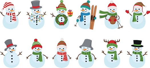Naklejka premium Cute snowman characters set with winter accessories hats scarves skis gifts festive cartoon vector illustration christmas holiday collection isolated design