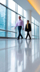 Fototapeta premium Blurred business people walking in modern office corridor representing corporate environment and dynamic workflow.