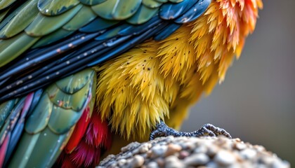 Obraz premium The image displays a close up of a vibrantly colored bird, focusing on its plumage and part of its foot resting on a textured surface