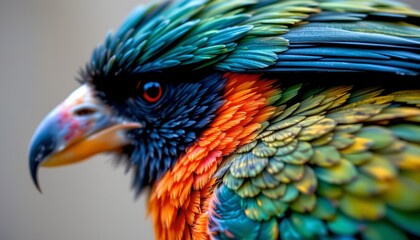 Fototapeta premium The image features a close up of a vibrantly colored bird with an array of iridescent feathers. Its head is turned to the side, showcasing a sharp, curved beak and a striking red eye