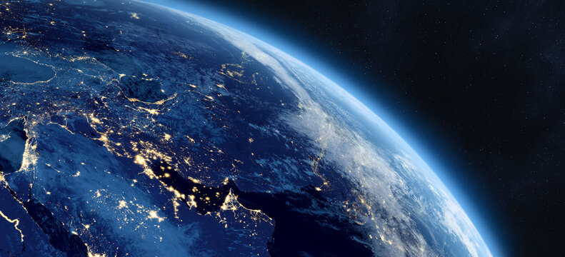 Planet Earth at night with contries, cities and street light in space. Middle East. UAE, Iran, Saudi Arabia, Oman, Israel, Pakistan, Arabian Peninsula. Asia. 