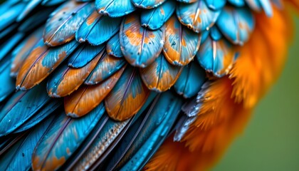 Obraz premium The image showcases a close up view of a bird's plumage, highlighting an intricate array of feathers with vibrant colors