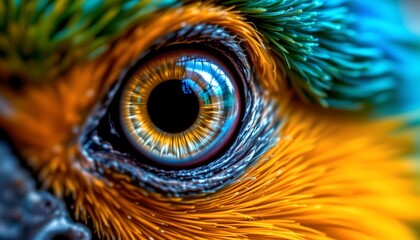 Obraz premium The image depicts a macro close up of a bird's eye, highlighting intricate details and vibrant colors