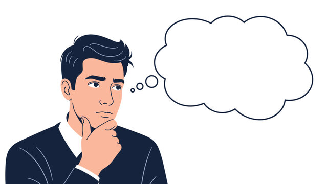 Thoughtful businessman in a dark suit with his hand on his chin and a large empty speech bubble, illustrating a moment of deep contemplation.