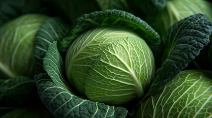 Obraz premium Fresh green cabbage head with detailed textured leaves highlighting organic healthy vegetable concept.
