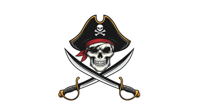 Pirate skull wearing a tricorn hat with a red headband and eye patch over crossed cutlass swords, symbolizing adventure and maritime history.