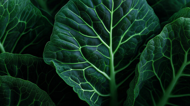 Dark green cabbage leaves with glowing veins creating dramatic natural texture background.