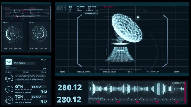 Digital satellite dish antenna transmitting wireless signals in network environment. Advanced radar and telecommunications technology for global data communication and space signal transmission
