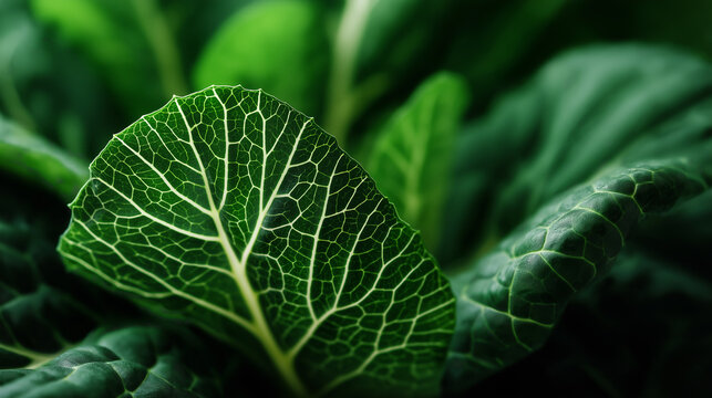 Dark green cabbage leaves with glowing veins creating dramatic natural texture background.