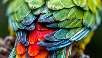 Obraz premium The image features a close up view of a colorful, feathered bird with a vibrant array of plumage