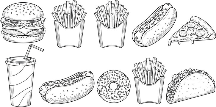 Fast food hand drawn sketch set with burger fries hotdog pizza donut taco and drink vintage vector illustration collection isolated