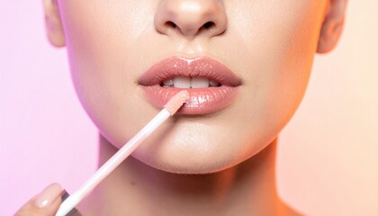 Naklejka premium A detailed close-up of a woman's lips as she applies glossy lipstick, set against a soft pink and purple gradient background.