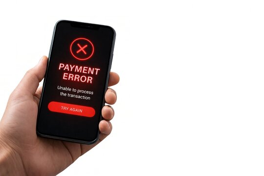 Smartphone with payment error on screen on white background with copy space, failed transaction concept, no internet, digital banking, fintech, ecommerce and financial problem