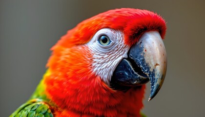 Fototapeta premium The image features a vibrant, close up view of a colorful parrot with striking red, orange, and green feathers