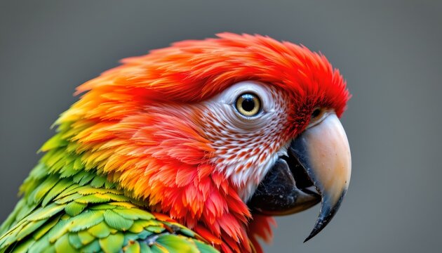 The image features a close up of a vibrant parrot with richly colored feathers