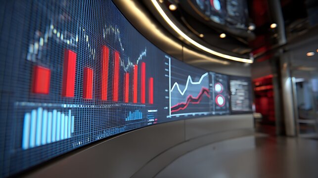 Business analytics charts visualized on a curved interactive display in a high-tech office, workspace with metallic finishes and seamless design, directional lighting with cool tones and gentle reflec