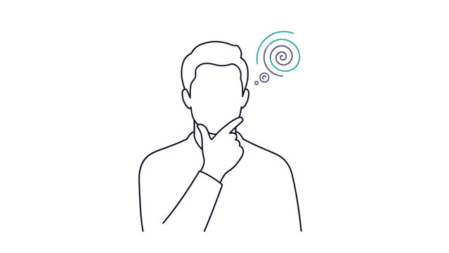 Simple line drawing of a man in a thinking pose with a dizzy swirl symbol above his head representing confusion.