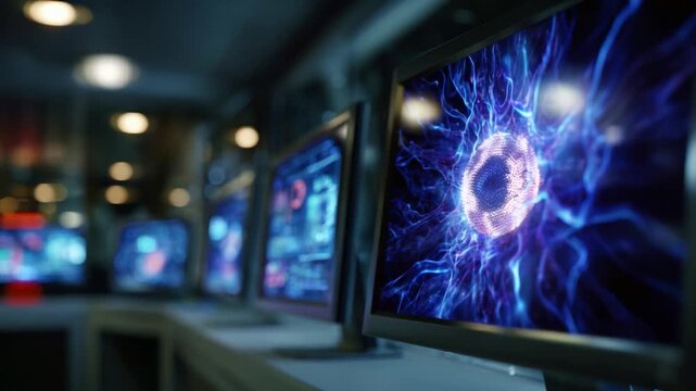 Vibrant Display of Ethereal Energy Patterns on Computer Monitors Capturing the Fascinating Fusion of Digital Art and Advanced Technology in a Modern Environment