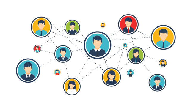 Social media network diagram with colorful circular avatars of people connected by dashed lines for communication.