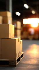 Stack of cardboard boxes on warehouse shelves representing logistics and storage system