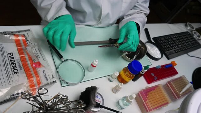 Expert Police takes blood sample from a blood knife at the scene of a crime, conceptual image