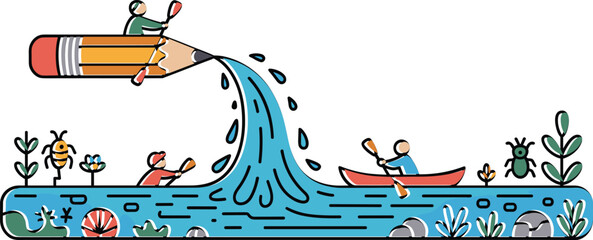 Creative concept flat vector illustration of pencil turning into blue water stream with people rowing boats for artistic inspiration. © MDALAMGIR