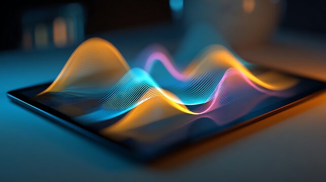 Business charts transformed into rhythmic abstract waves on a tablet placed on a modern desk, minimal workspace with smooth surfaces and muted tones, dynamic lighting with shifting color accents, top-