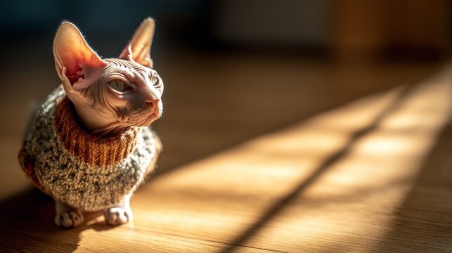 A mischievous Sphynx cat wearing a small knitted sweater, warming itself near a sunlit patch on a wooden floor. Warm directional light, detailed skin texture, close-up, high quality.