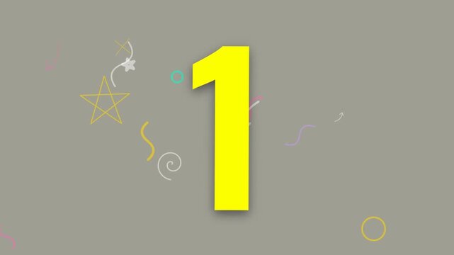 Animated colorful countdown timer with bold yellow digits and doodle graphics on a grey background