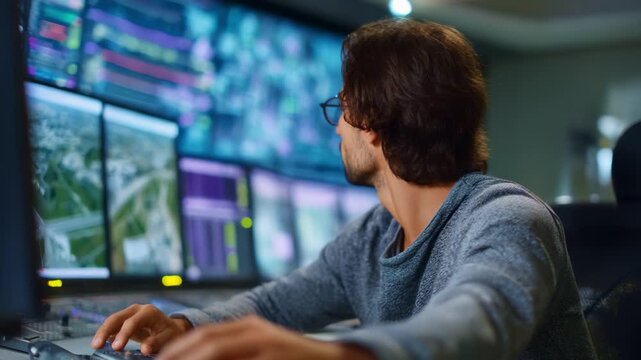 Focused Professional Analyzing Data on Multiple Monitors in a Modern Control Room Environment While Utilizing Advanced Technology and Analytical Skills