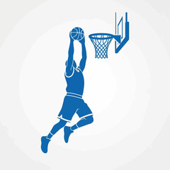 Blue basketball player silhouette performing a slam dunk © Yakup